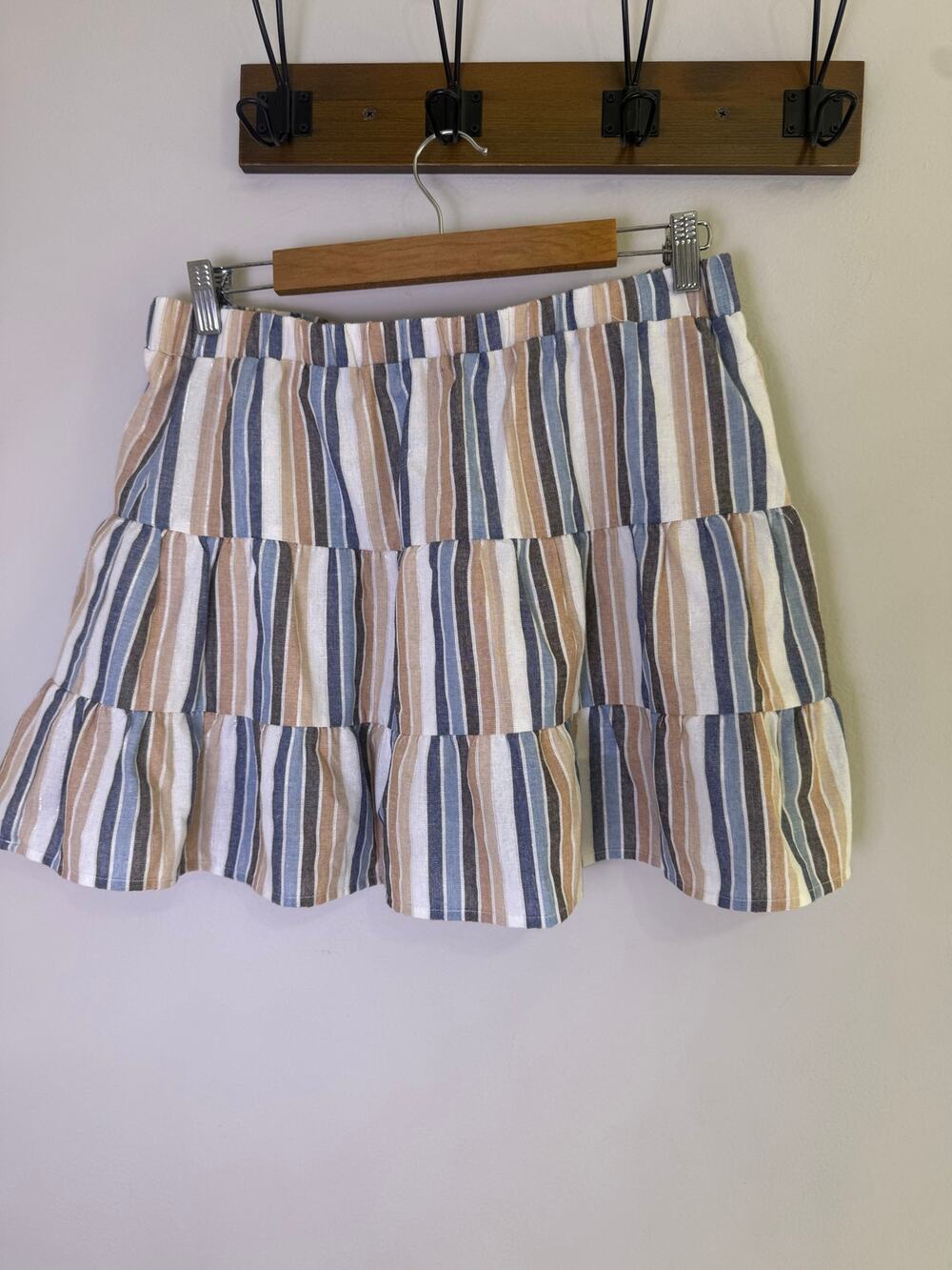 Alter’d State Striped Tiered Ruffle Mini Skirt Size L Cotton Boho Coastal